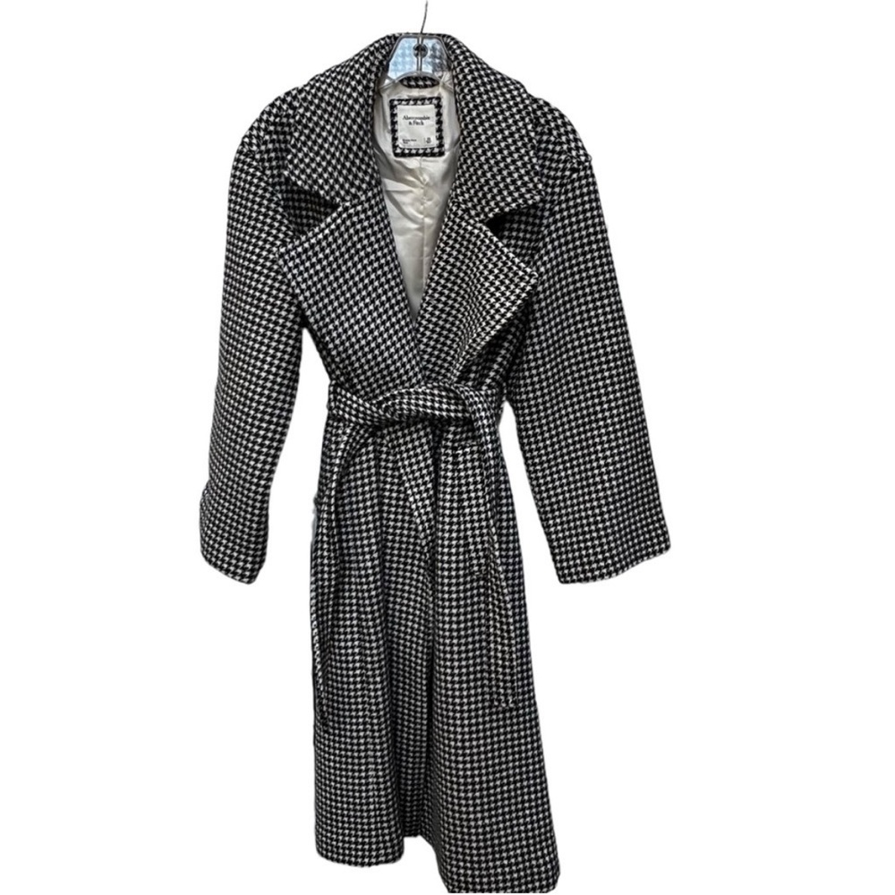 Abercrombie & Fitch Wool Blend Houndstooth Pea Coat XS Black White Lined Belted